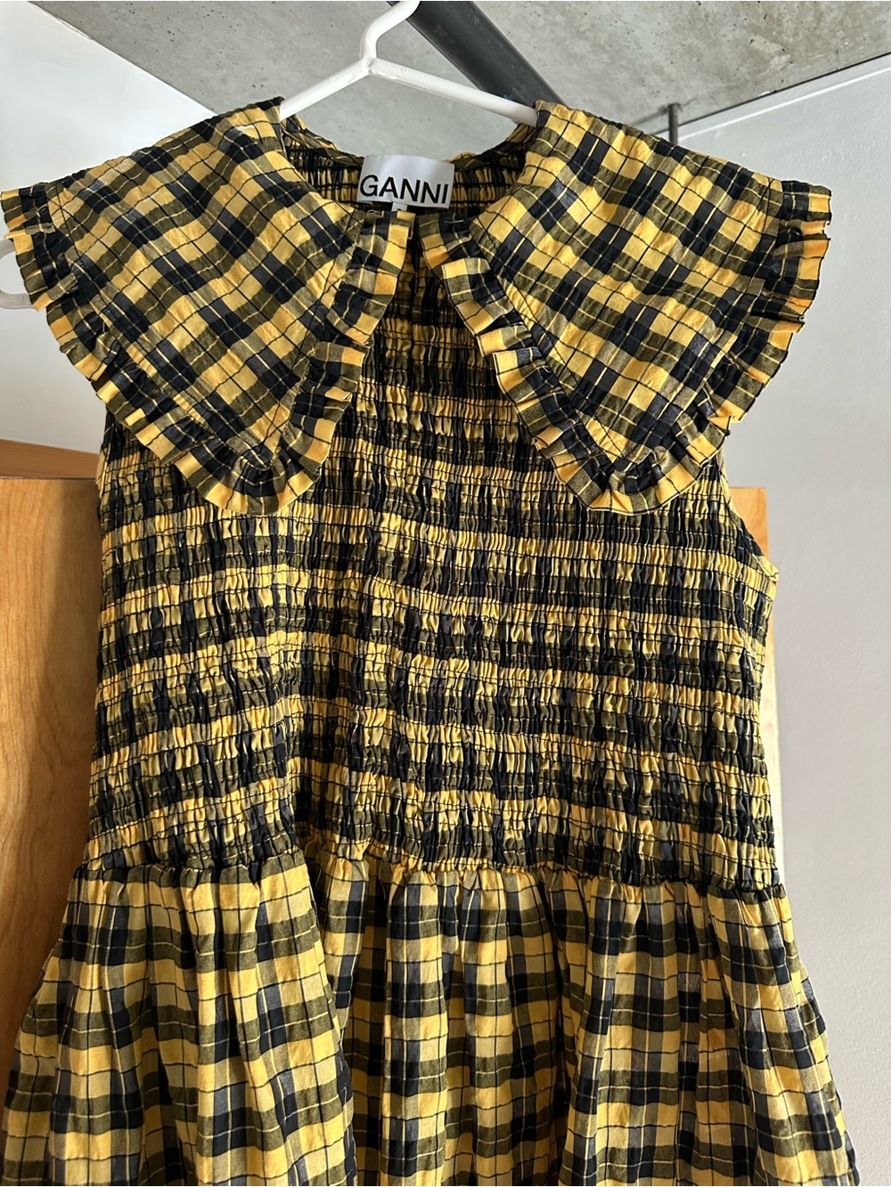 GANNI Shirred ruffle-trimmed checked cotton-blend midi dress - Picture 2 of 7
